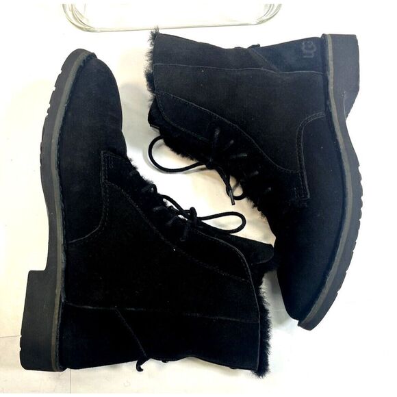 UGG Womens Black Suede Combat Boots Shearling Cuff Size 10 Quincy - Picture 7 of 15